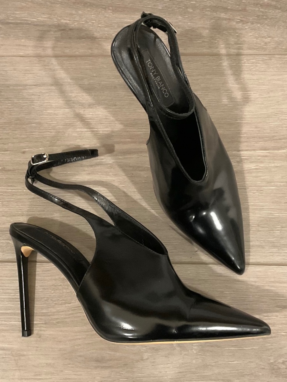 TONY BIANCO Alyssa Ankle Strap Heel in Black Patent Leather Size 8